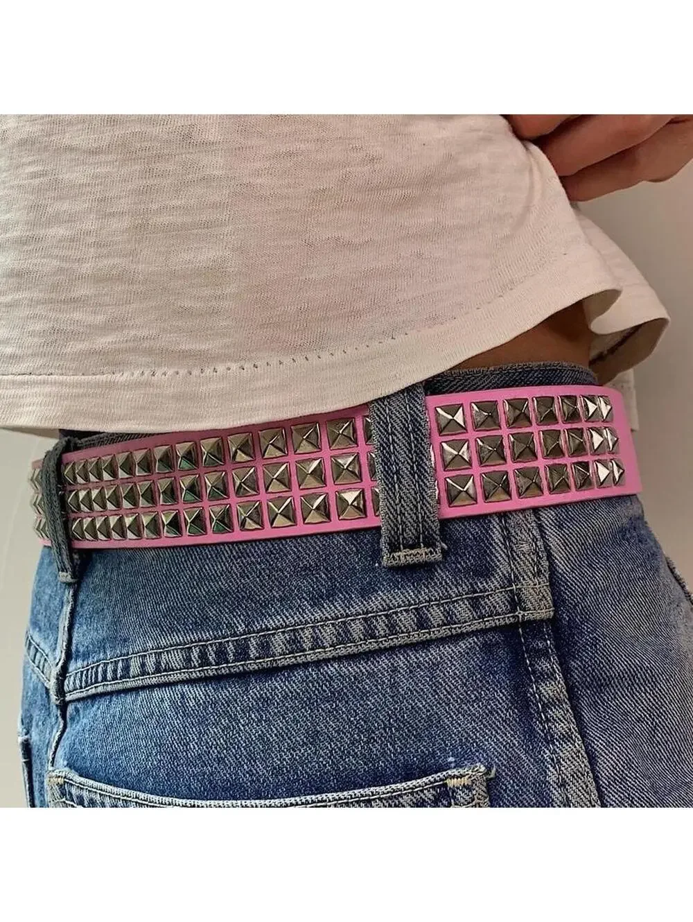 Y2k 2000s style Pink leather with silver studded bel . 39 inches length